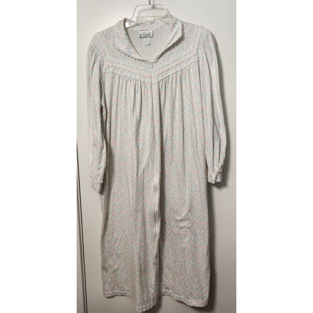 Vtg Nicole‎ White Pastel Long Nightgown Floral Lace Front Zip Union Made USA Med